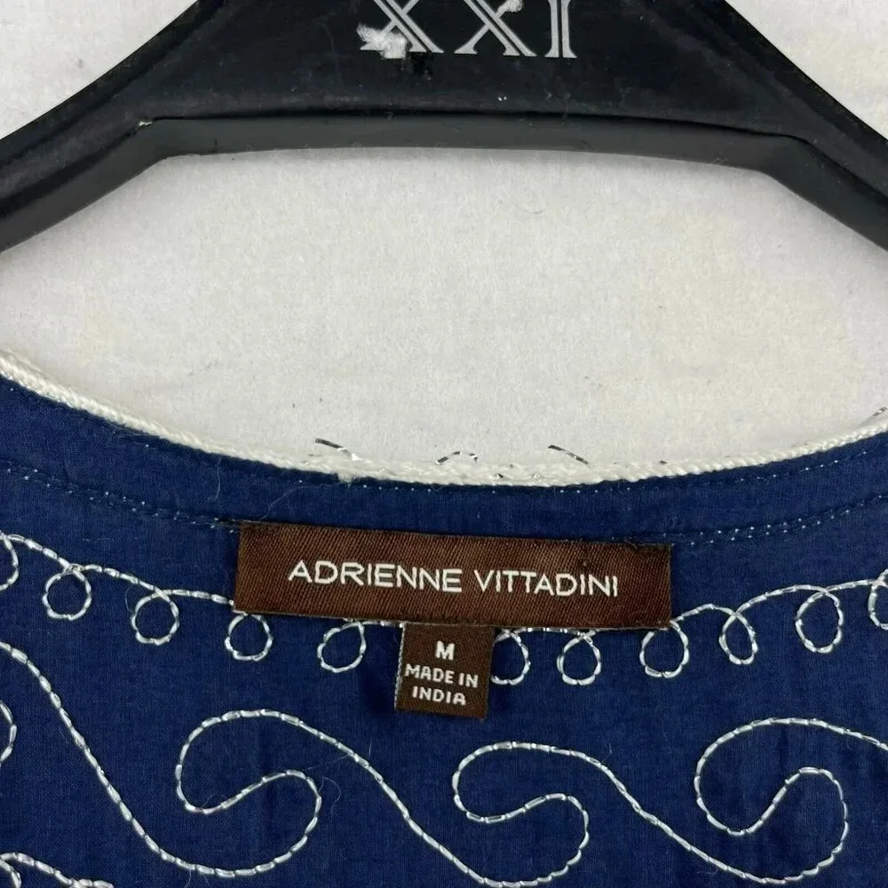 Adrienne Vittadini Dress Tunic M Blue Embroidered V Neck Flare Hem Unlined Boho - Picture 11 of 13